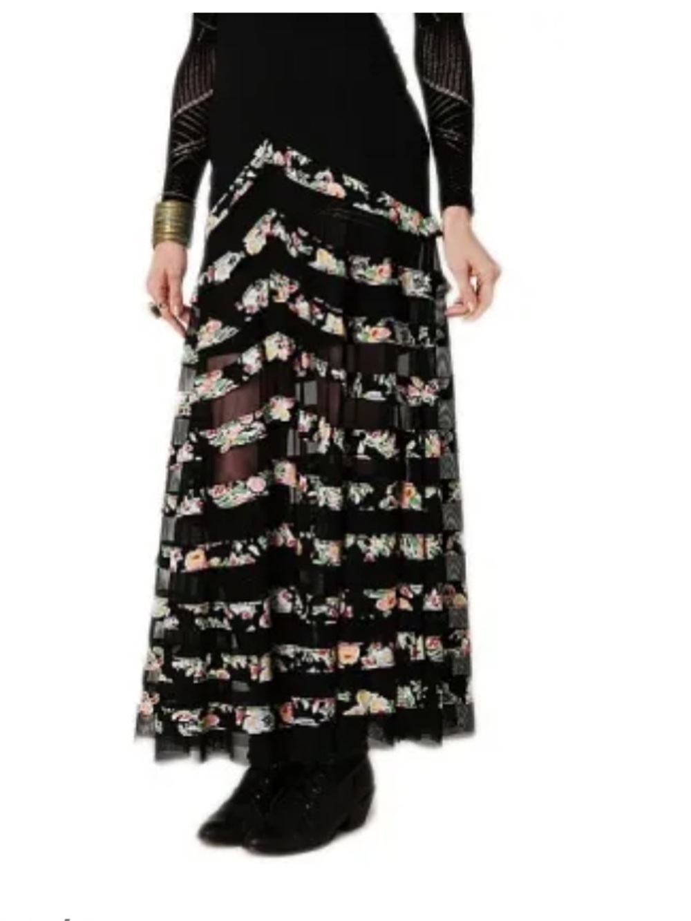 Free People Black Maxi Skirt with Multicolor Floral Ruffles